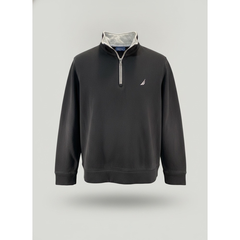 Nautica Mens Quarter Zip Pullover Sweatshirt Black Grey Fleece Collar Large